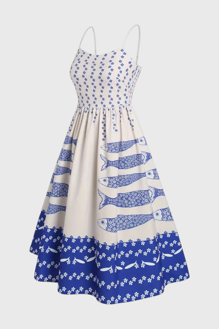 Maricela | Vestido Vintage con Tirantes y Estampado de Sardinas