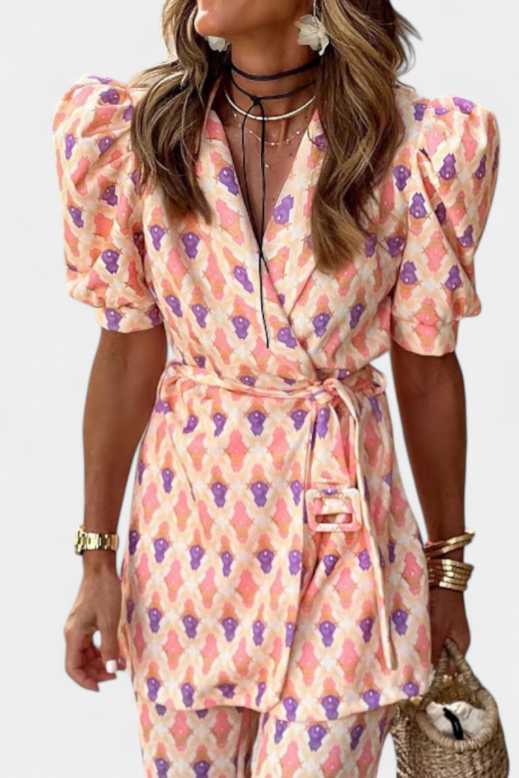 Araceli | Conjunto Estampado con Blazer y Pantalón Acampanado