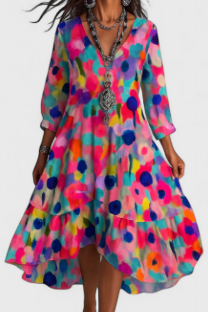 Nerea | Vestido Boho Vintage con Estampado Floral y Cuello en V