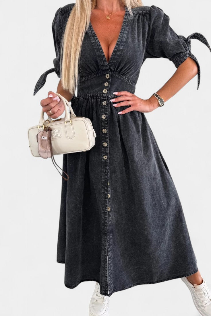 Adelina | Vestido Midi de Denim con Botones y Escote en V