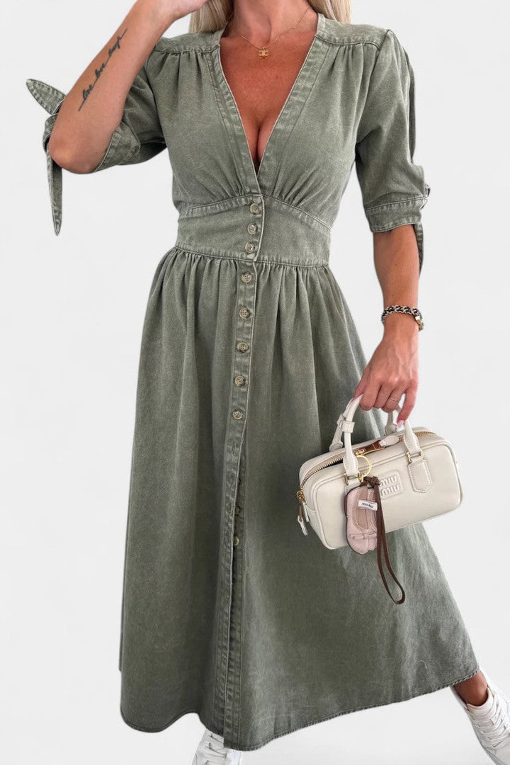 Adelina | Vestido Midi de Denim con Botones y Escote en V