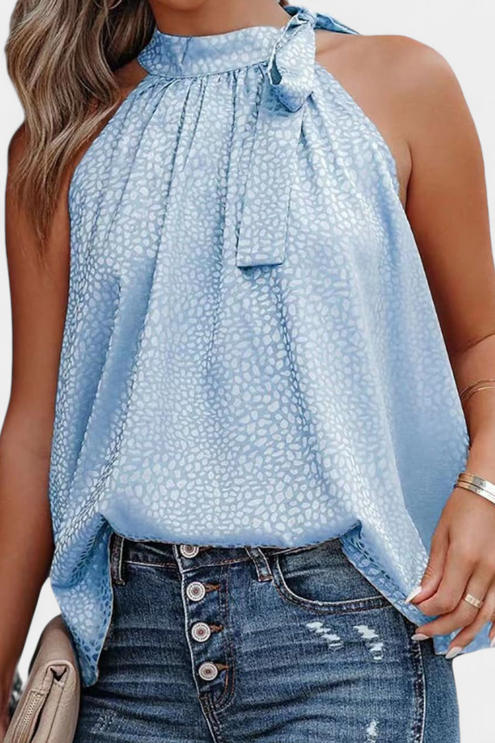 Adela | Top sin Mangas de Leopardo con Cuello Alto y Lazo