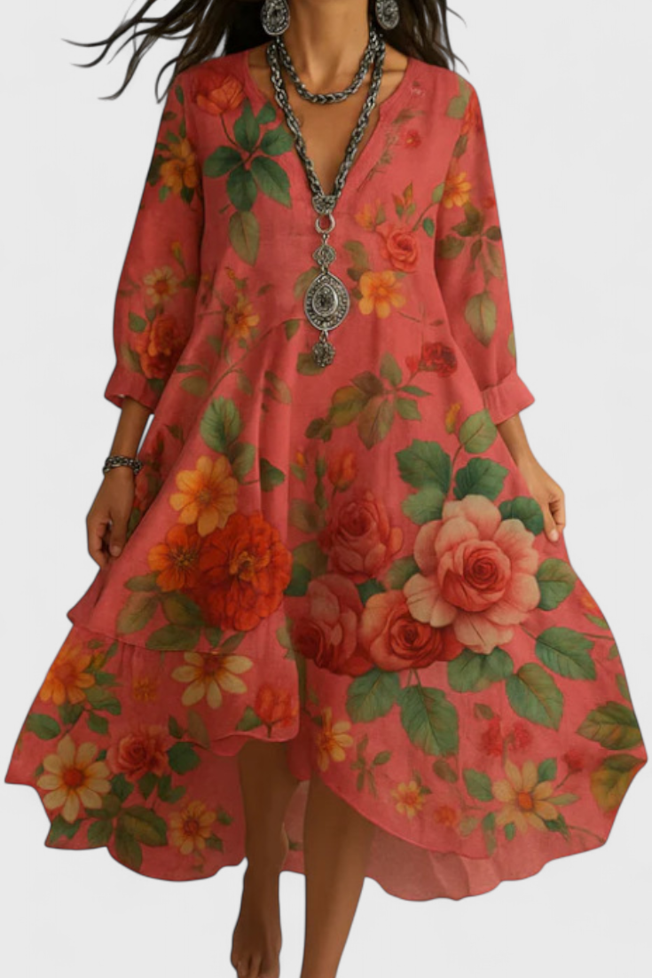 Nerea | Vestido Boho Vintage con Estampado Floral y Cuello en V