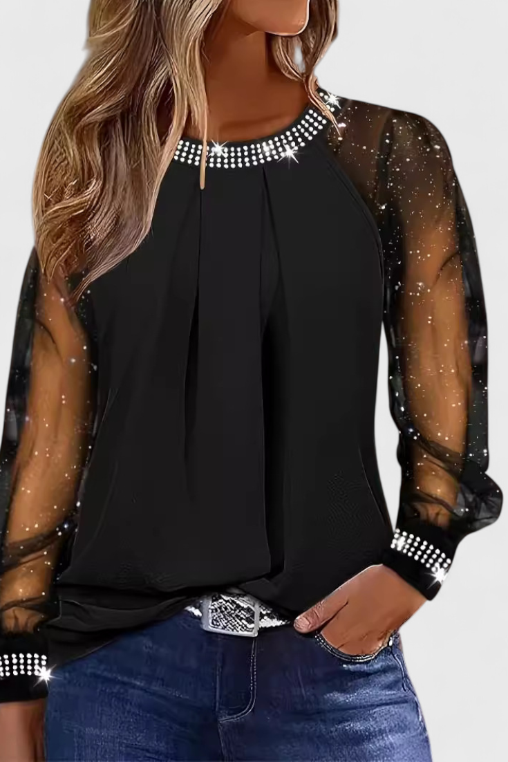 Flor | Blusa Elegante con Mangas de Tul y Acentos de Strass