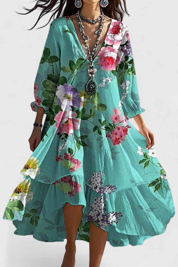 Nerea | Vestido Boho Vintage con Estampado Floral y Cuello en V