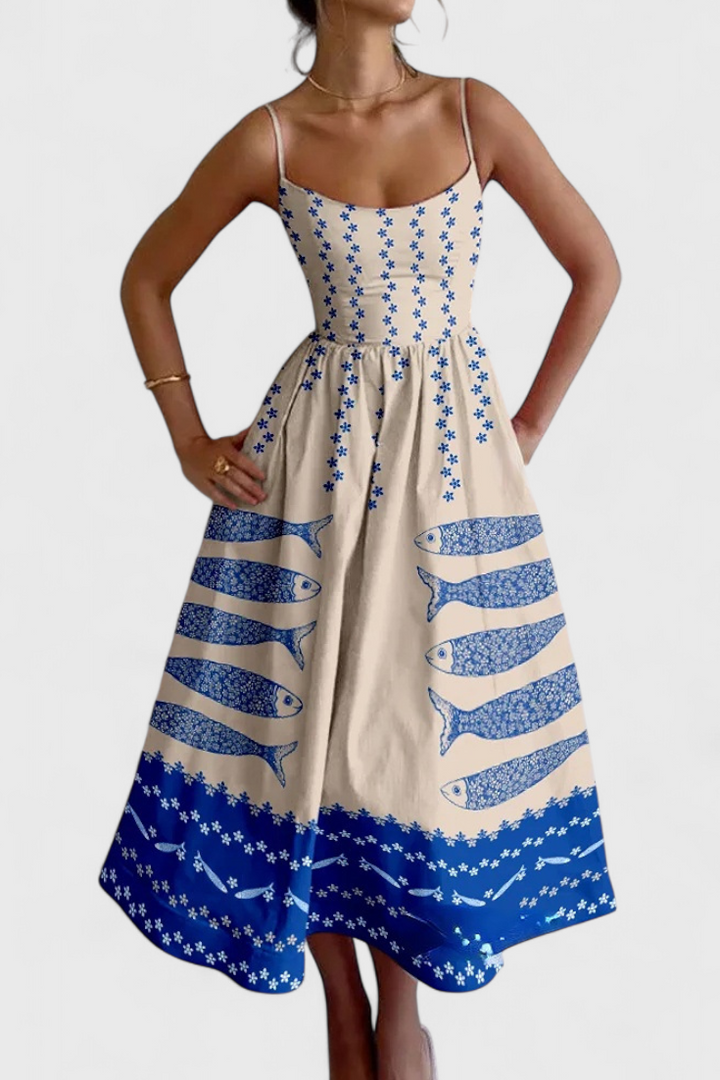 Maricela | Vestido Vintage con Tirantes y Estampado de Sardinas