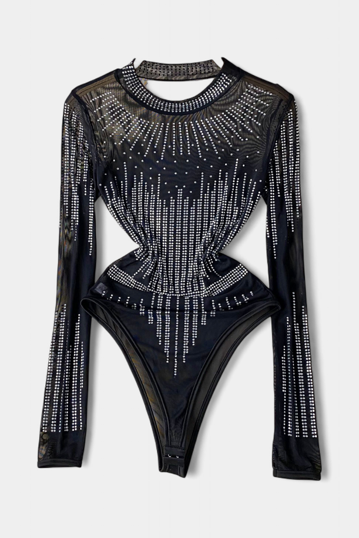 Antonella | Body de Malla Transparente con Mangas Largas y Brillos