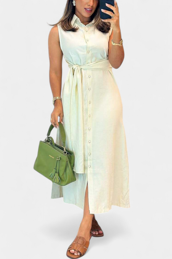 Behnaz | Vestido Elegante sin Mangas con Cinturón y Cuello Camisero