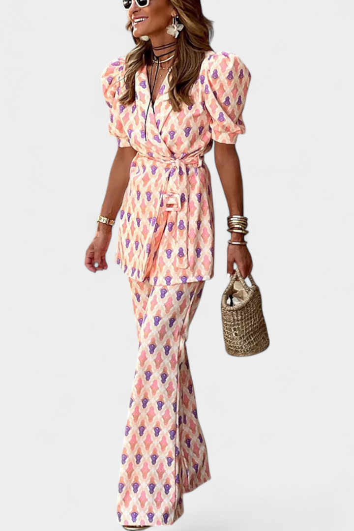 Araceli | Conjunto Estampado con Blazer y Pantalón Acampanado