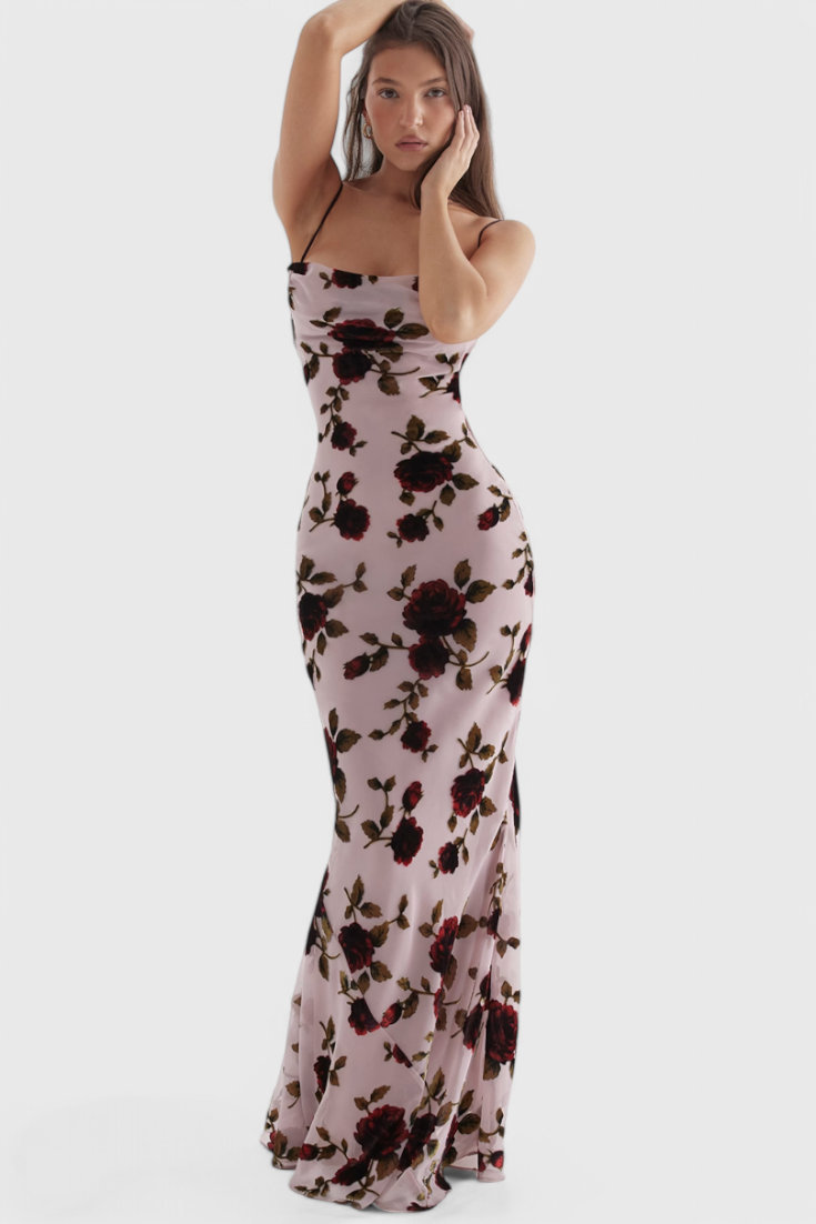 Irina | Vestido Deslizante de Satén con Estampado Floral y Espalda Descubierta