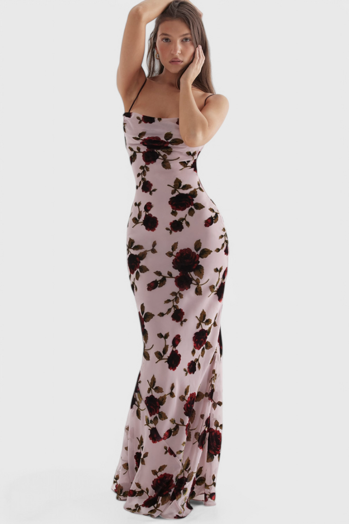 Irina | Vestido Deslizante de Satén con Estampado Floral y Espalda Descubierta