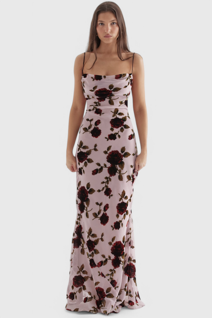 Irina | Vestido Deslizante de Satén con Estampado Floral y Espalda Descubierta