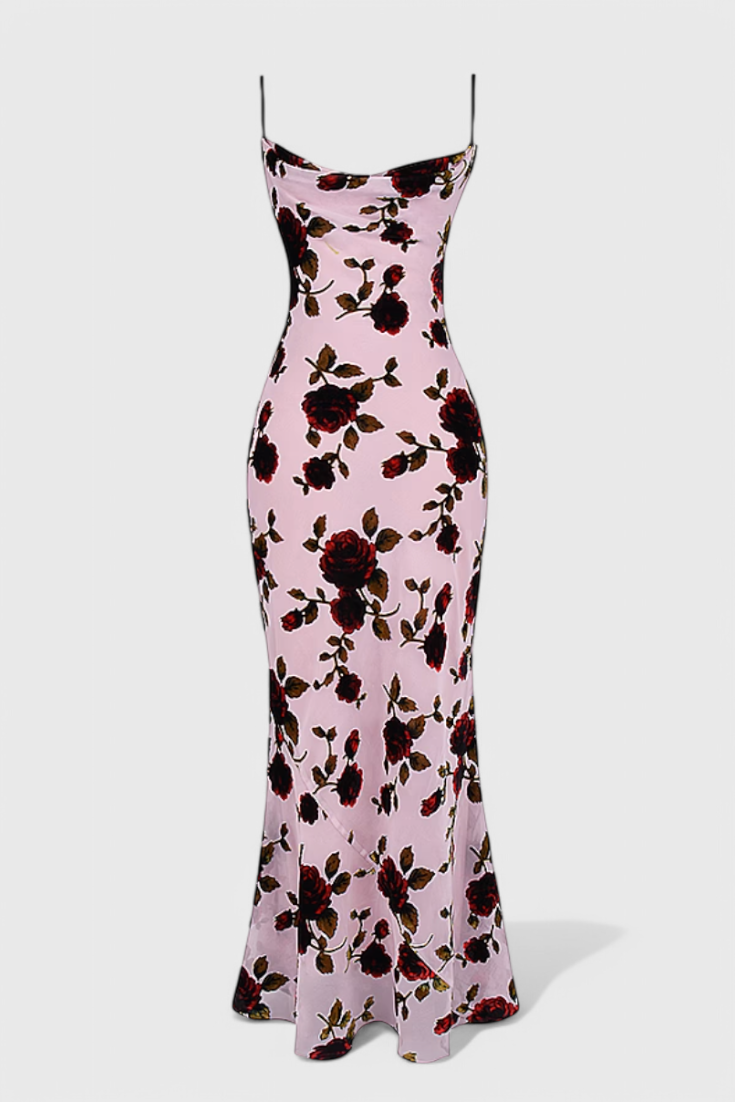 Irina | Vestido Deslizante de Satén con Estampado Floral y Espalda Descubierta