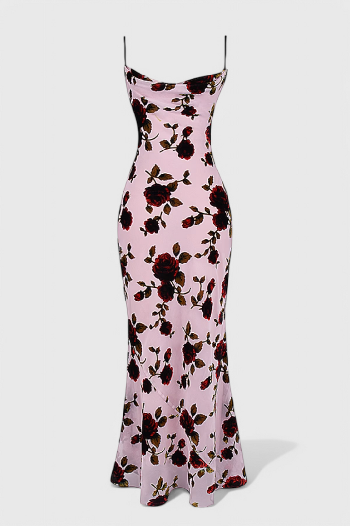 Irina | Vestido Deslizante de Satén con Estampado Floral y Espalda Descubierta