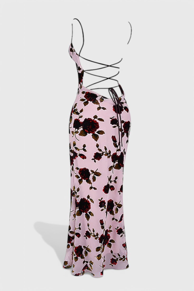 Irina | Vestido Deslizante de Satén con Estampado Floral y Espalda Descubierta