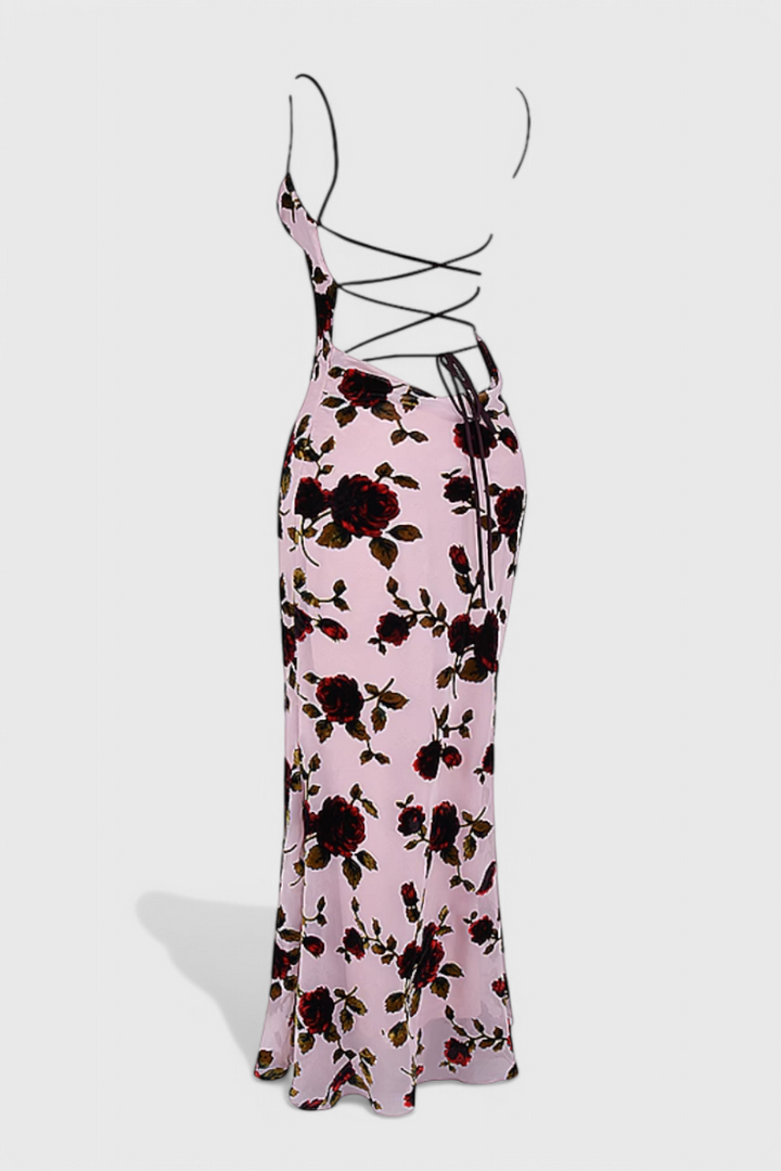 Irina | Vestido Deslizante de Satén con Estampado Floral y Espalda Descubierta