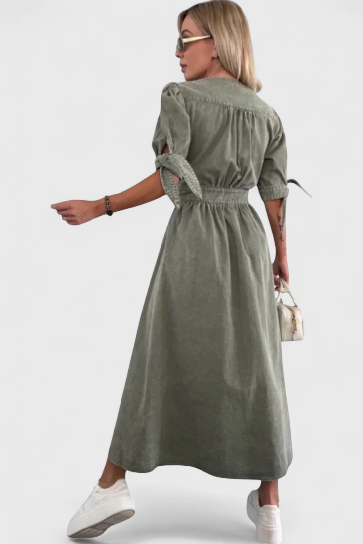 Adelina | Vestido Midi de Denim con Botones y Escote en V