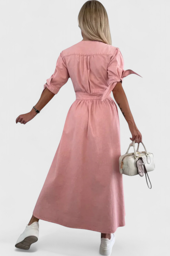 Adelina | Vestido Midi de Denim con Botones y Escote en V