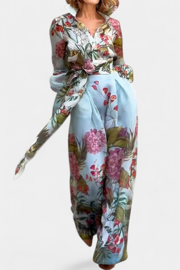 Sanne | Conjunto Elegante Estampado de Camisa y Pantalón Fluido