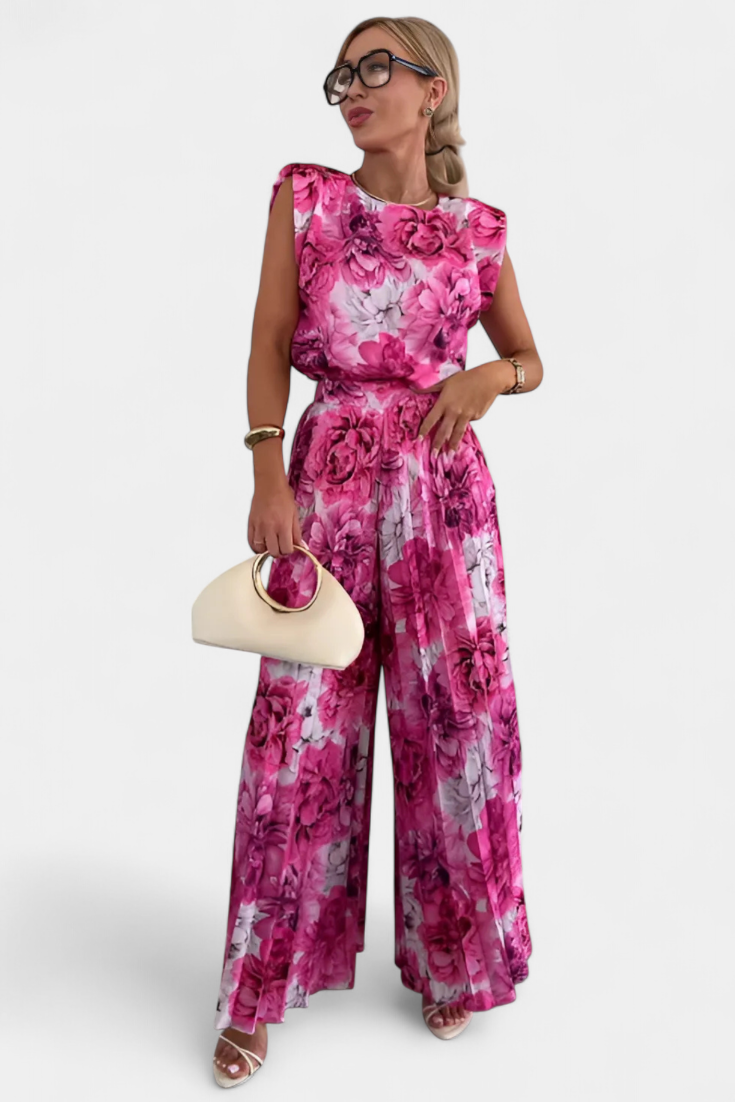 Maria | Conjunto floral con top estructurado y pantalón plisado