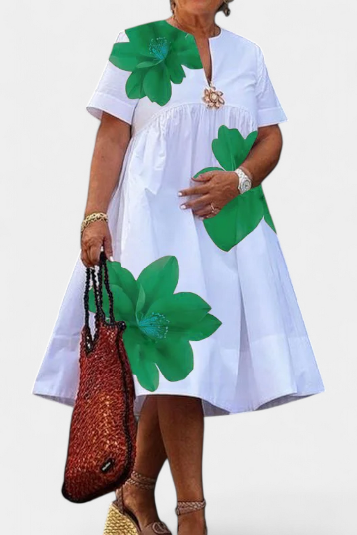 Yulia | Vestido Midi Floral con Pliegues y Escote en V