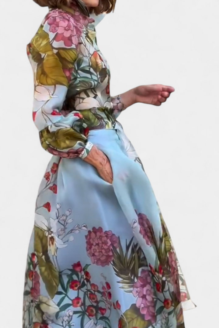 Sanne | Conjunto Elegante Estampado de Camisa y Pantalón Fluido