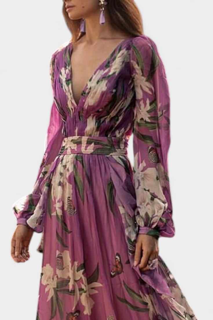 Roselle | Vestido Floral Casual de Malla con Escote en V