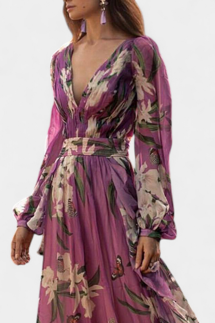 Roselle | Vestido Floral Casual de Malla con Escote en V