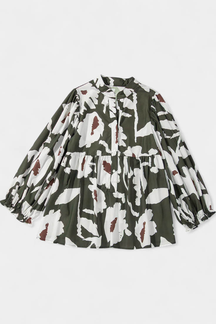 Filomena | Blusa con Media Botonadura y Manga Abullonada en Estampado Floral Abstracto