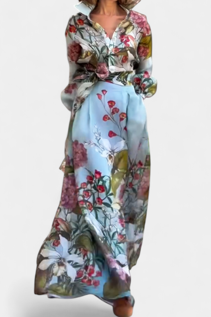 Sanne | Conjunto Elegante Estampado de Camisa y Pantalón Fluido