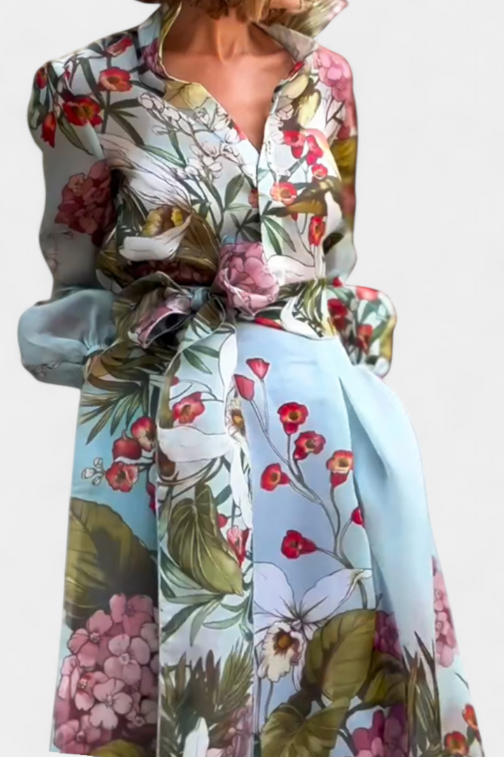 Sanne | Conjunto Elegante Estampado de Camisa y Pantalón Fluido