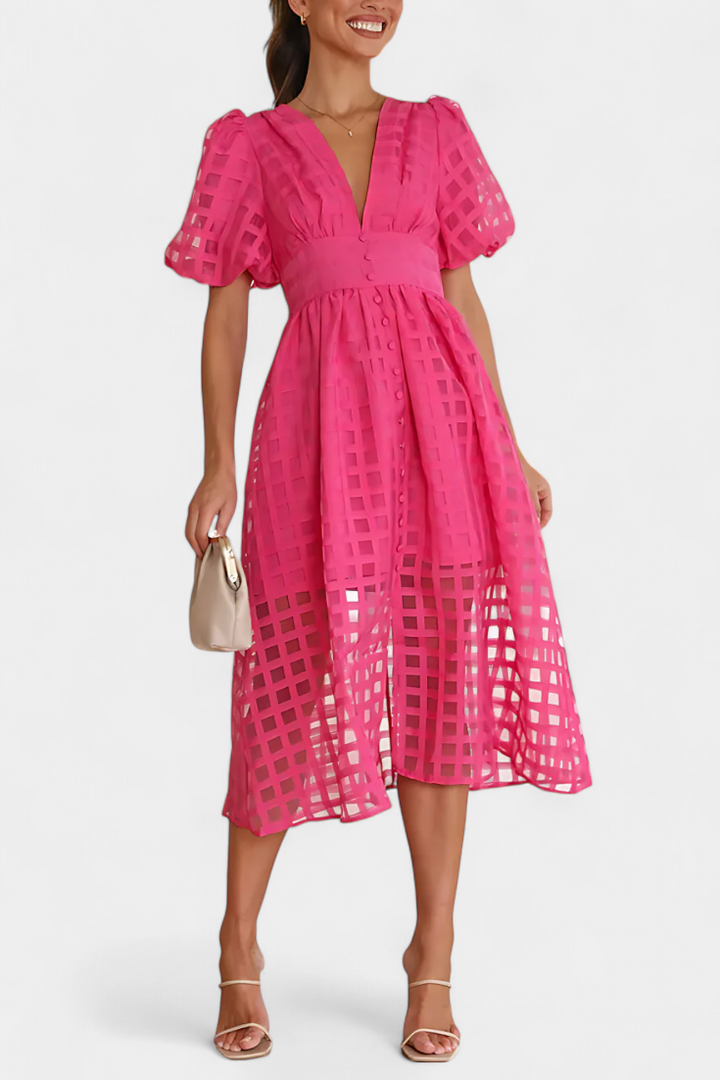 Marigold | Vestido Midi de Manga Abullonada con Patrón de Cuadrados