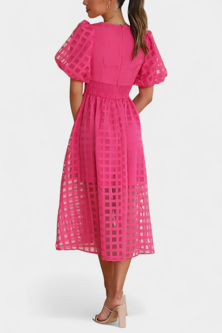 Marigold | Vestido Midi de Manga Abullonada con Patrón de Cuadrados