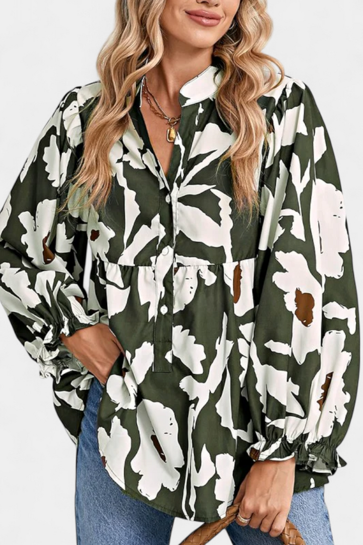 Filomena | Blusa con Media Botonadura y Manga Abullonada en Estampado Floral Abstracto