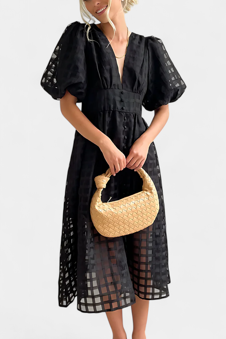 Marigold | Vestido Midi de Manga Abullonada con Patrón de Cuadrados