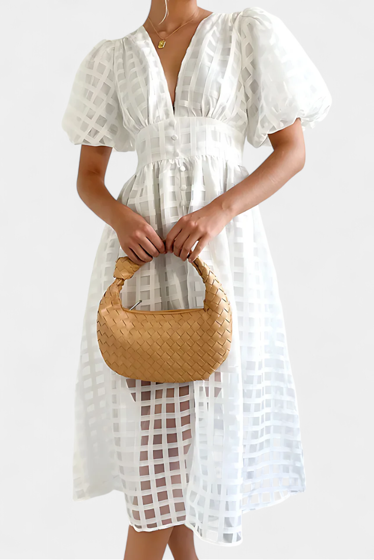 Marigold | Vestido Midi de Manga Abullonada con Patrón de Cuadrados