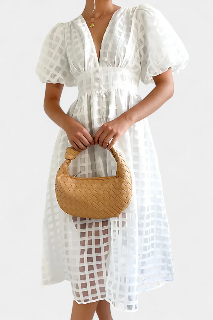 Marigold | Vestido Midi de Manga Abullonada con Patrón de Cuadrados