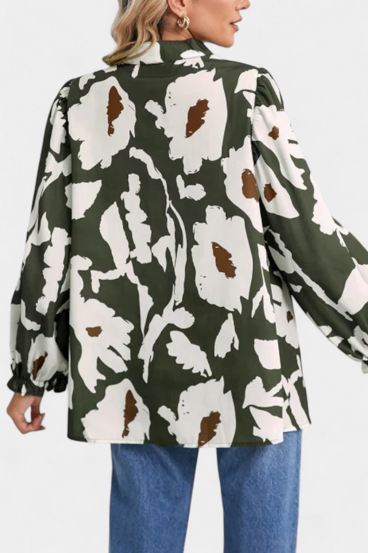 Filomena | Blusa con Media Botonadura y Manga Abullonada en Estampado Floral Abstracto