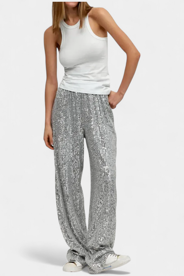 Elva | Pantalones de Lentejuelas de Cintura Alta y Corte Holgado