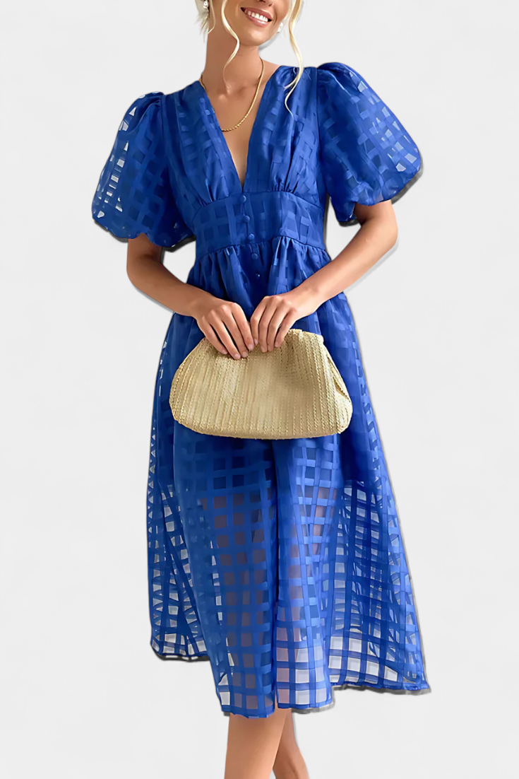 Marigold | Vestido Midi de Manga Abullonada con Patrón de Cuadrados