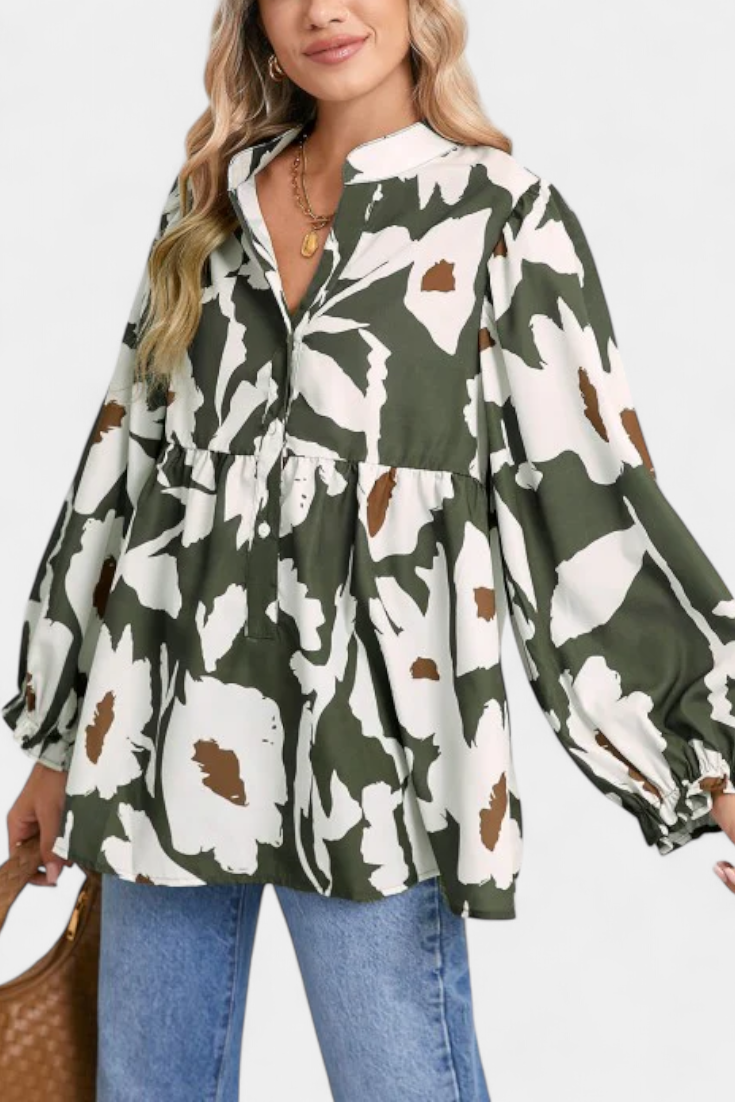 Filomena | Blusa con Media Botonadura y Manga Abullonada en Estampado Floral Abstracto