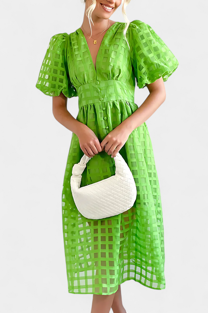 Marigold | Vestido Midi de Manga Abullonada con Patrón de Cuadrados