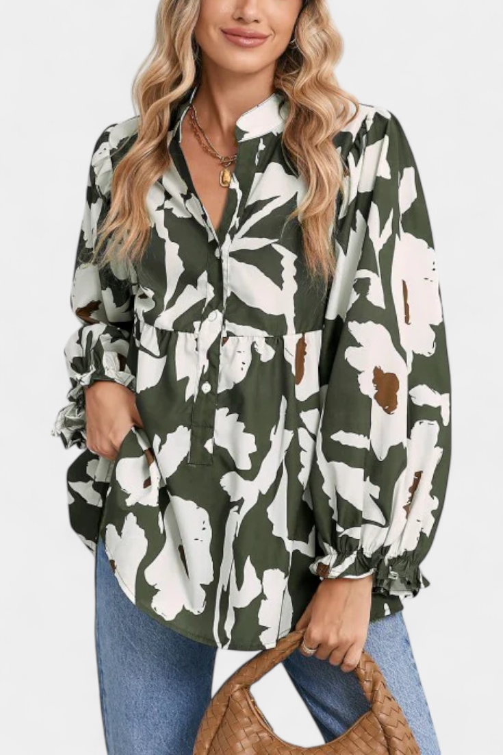 Filomena | Blusa con Media Botonadura y Manga Abullonada en Estampado Floral Abstracto