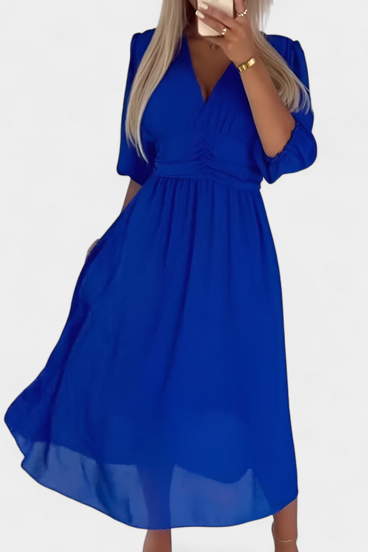 Dorina | Vestido Midi Elegante con Escote en V y Mangas Ligeras