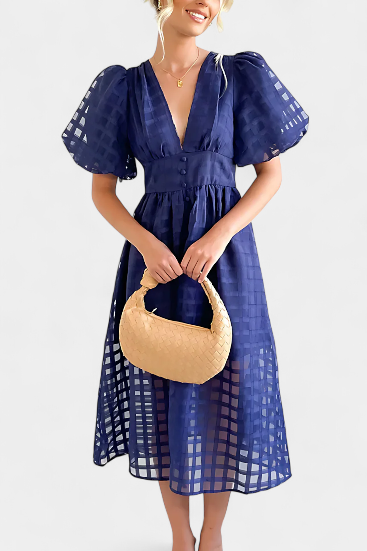 Marigold | Vestido Midi de Manga Abullonada con Patrón de Cuadrados