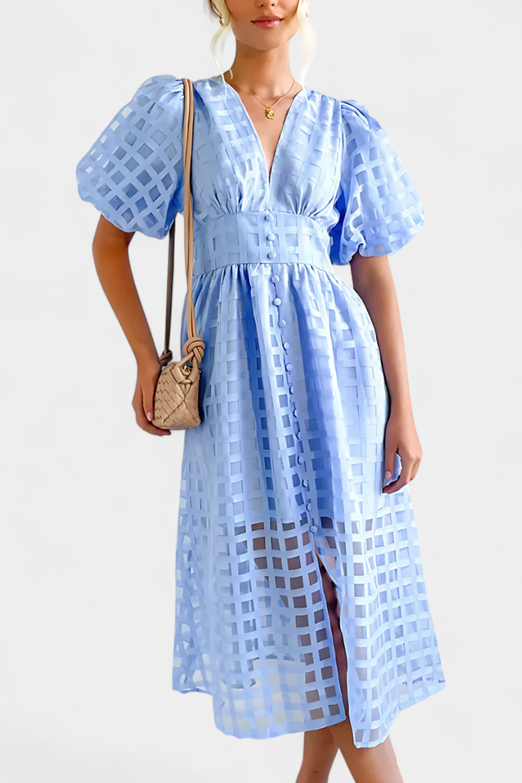 Marigold | Vestido Midi de Manga Abullonada con Patrón de Cuadrados