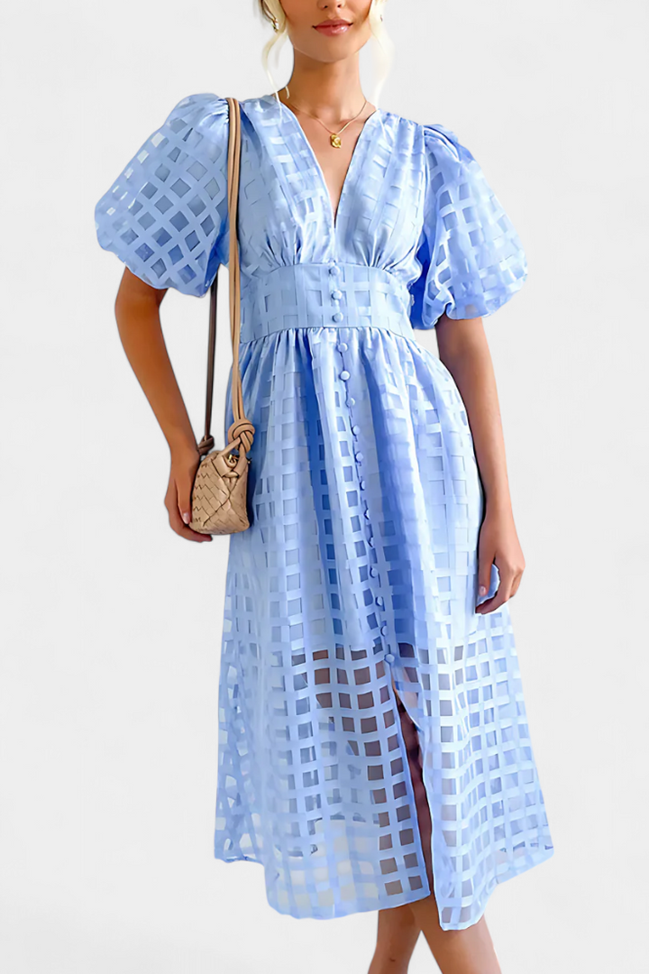 Marigold | Vestido Midi de Manga Abullonada con Patrón de Cuadrados