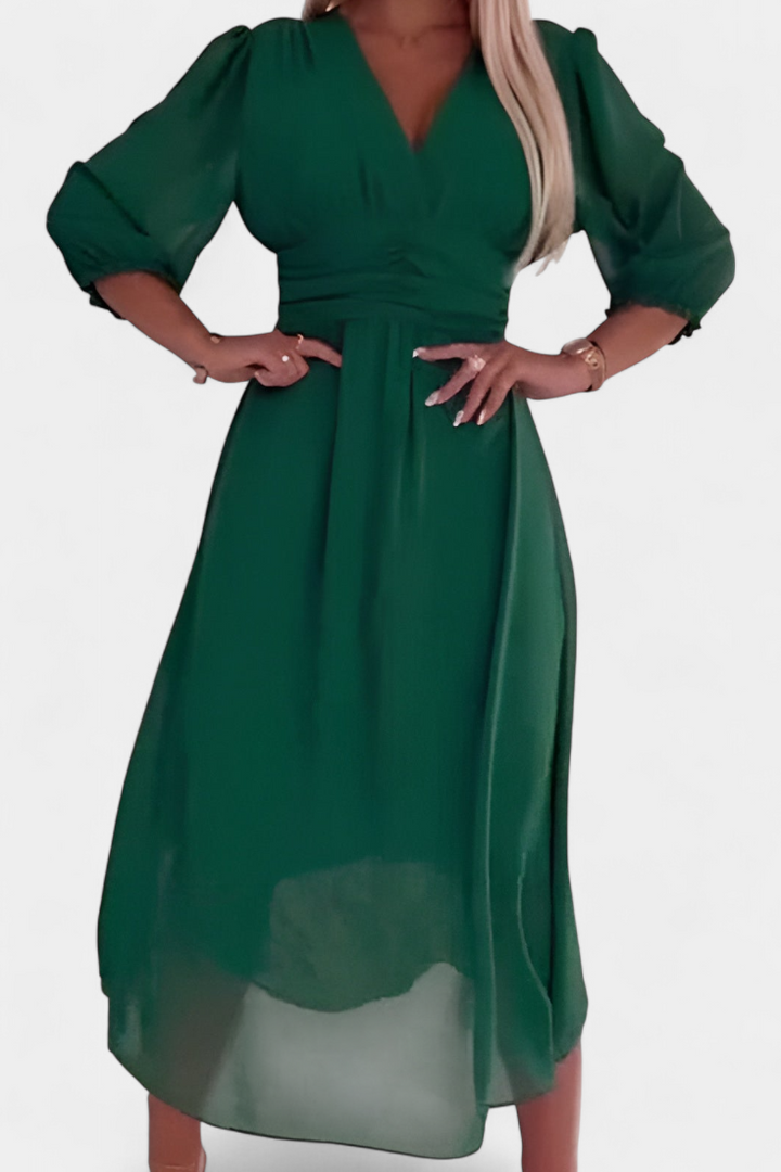 Dorina | Vestido Midi Elegante con Escote en V y Mangas Ligeras