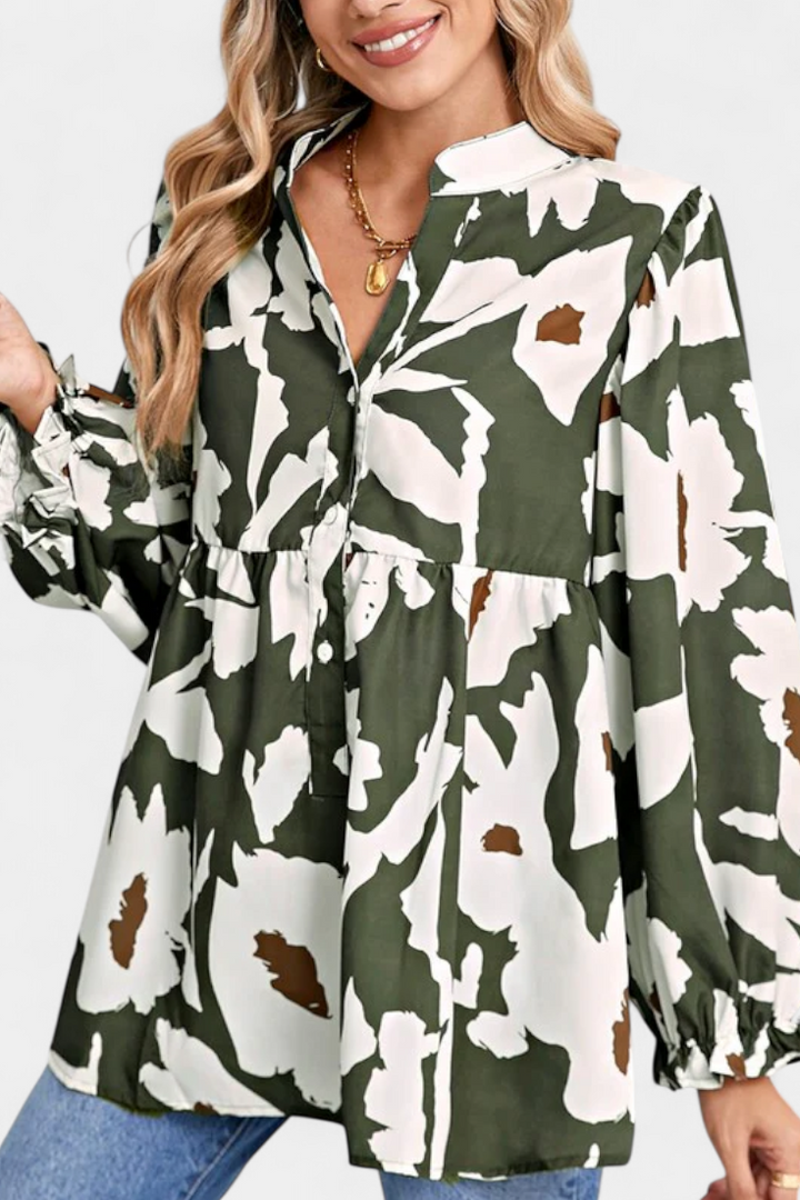 Filomena | Blusa con Media Botonadura y Manga Abullonada en Estampado Floral Abstracto