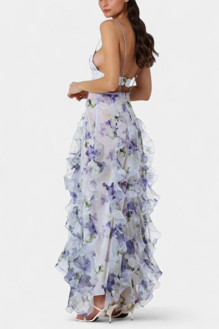 Bonnie | Vestido Maxi Cortado con Volantes de Flores